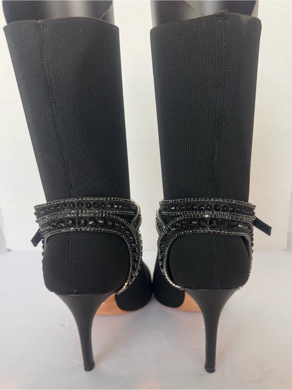 Badgley Mischka Black Stretch Knit Sock Booties Beaded Rhinestone Strap Size 7.5